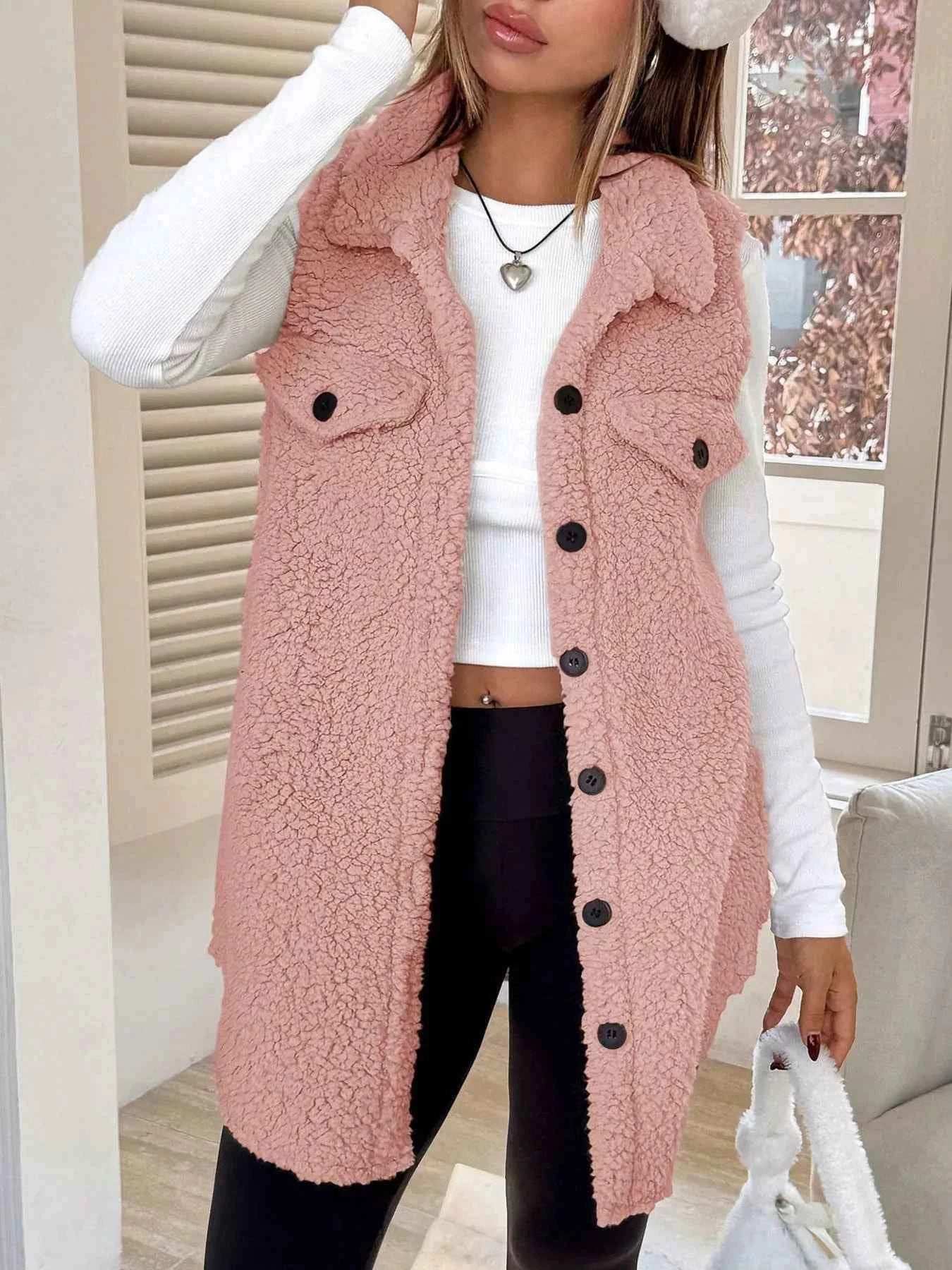 Button-Down Sherpa Fleece Vest Coat