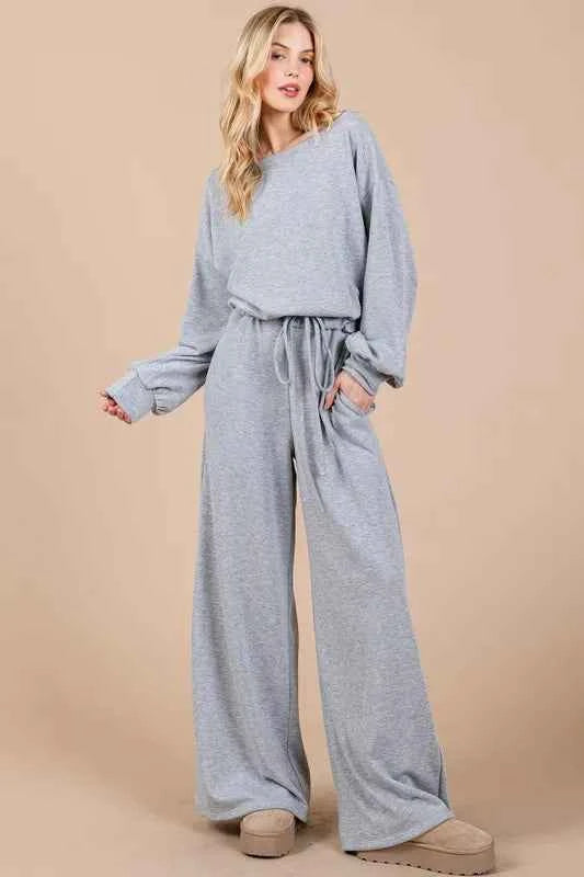 Ces Femme Boat Neck Long Sleeve Drawstring Jumpsuit
