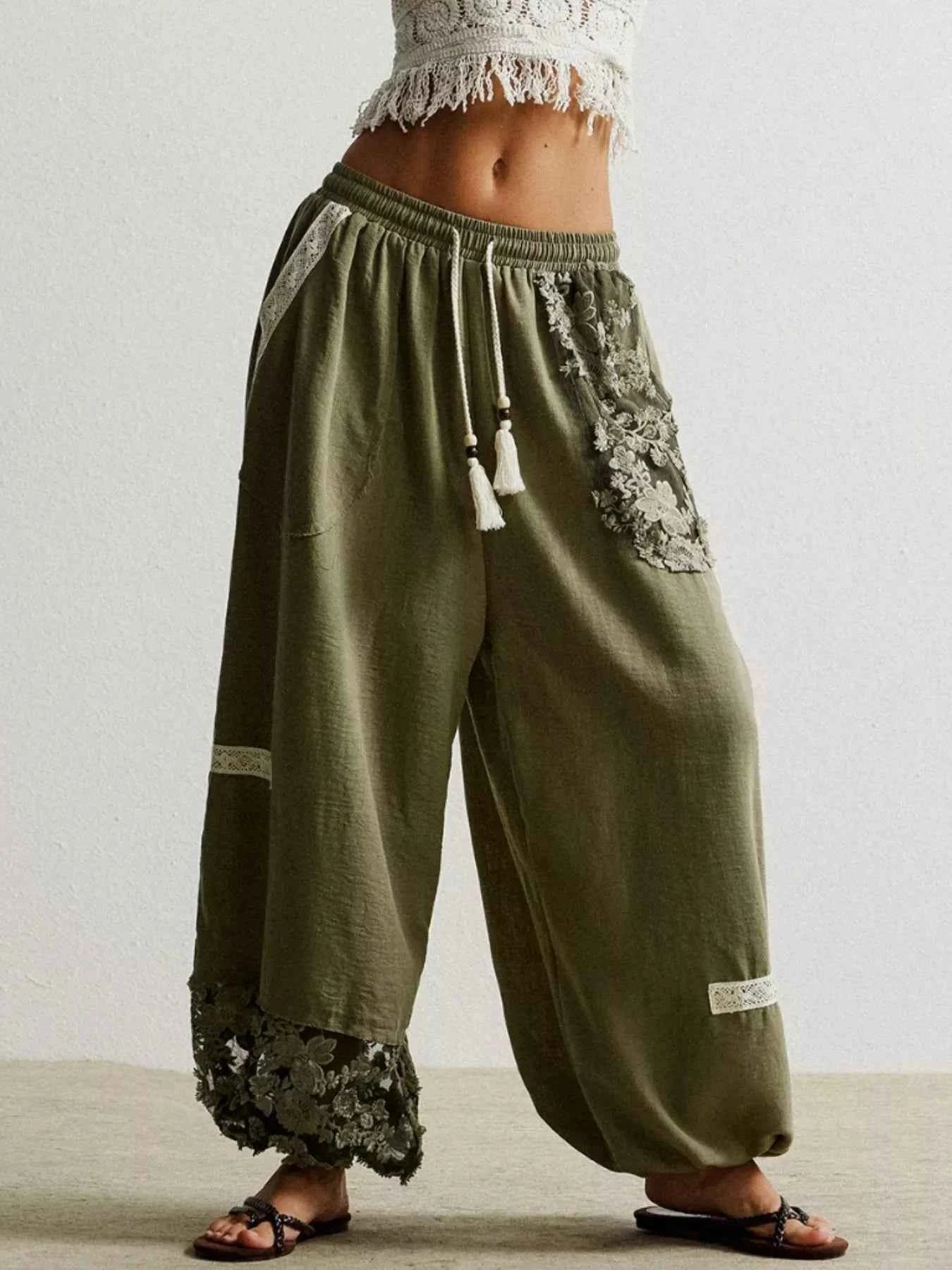 Lace Detail Drawstring Harem Pants