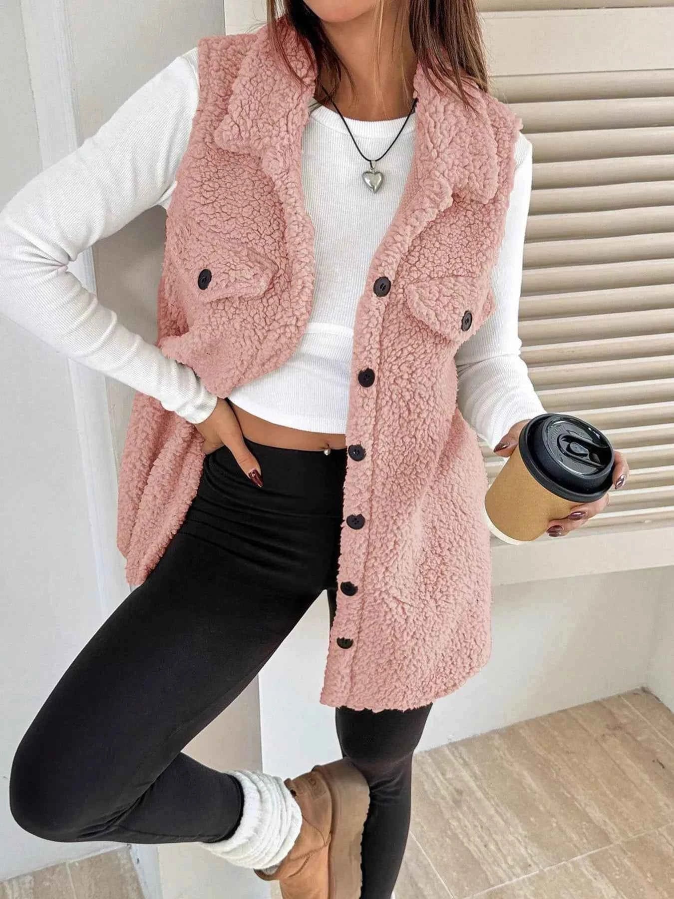 Button-Down Sherpa Fleece Vest Coat