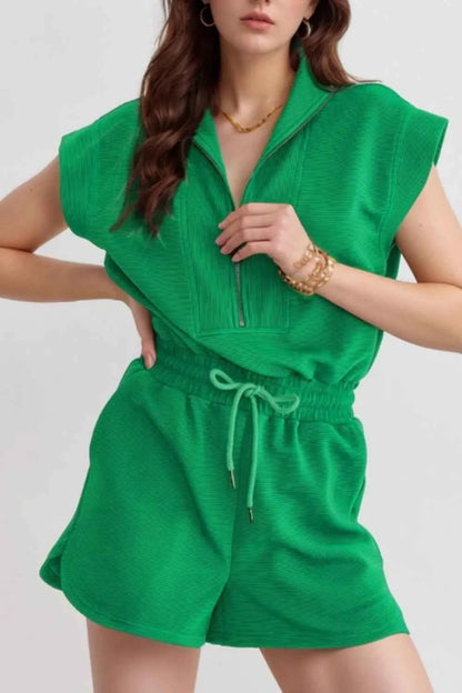 Drawstring Waist Half Zip Romper