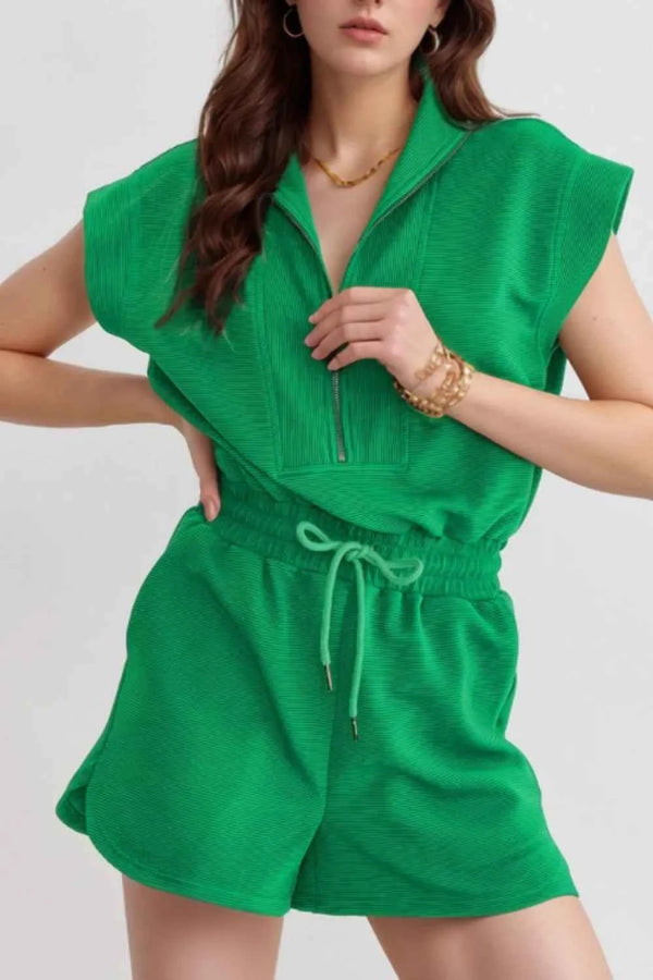 Drawstring Waist Half Zip Romper