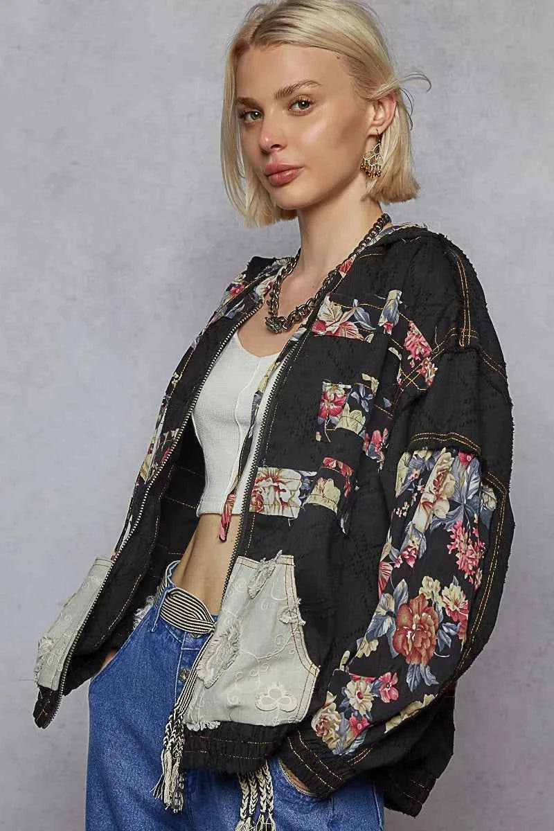 POL Zip Up Floral and Lace Patch Washed Jacket