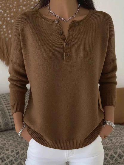 Full Size Plus Size Button Knit Top - Long Sleeve Half Button Style
