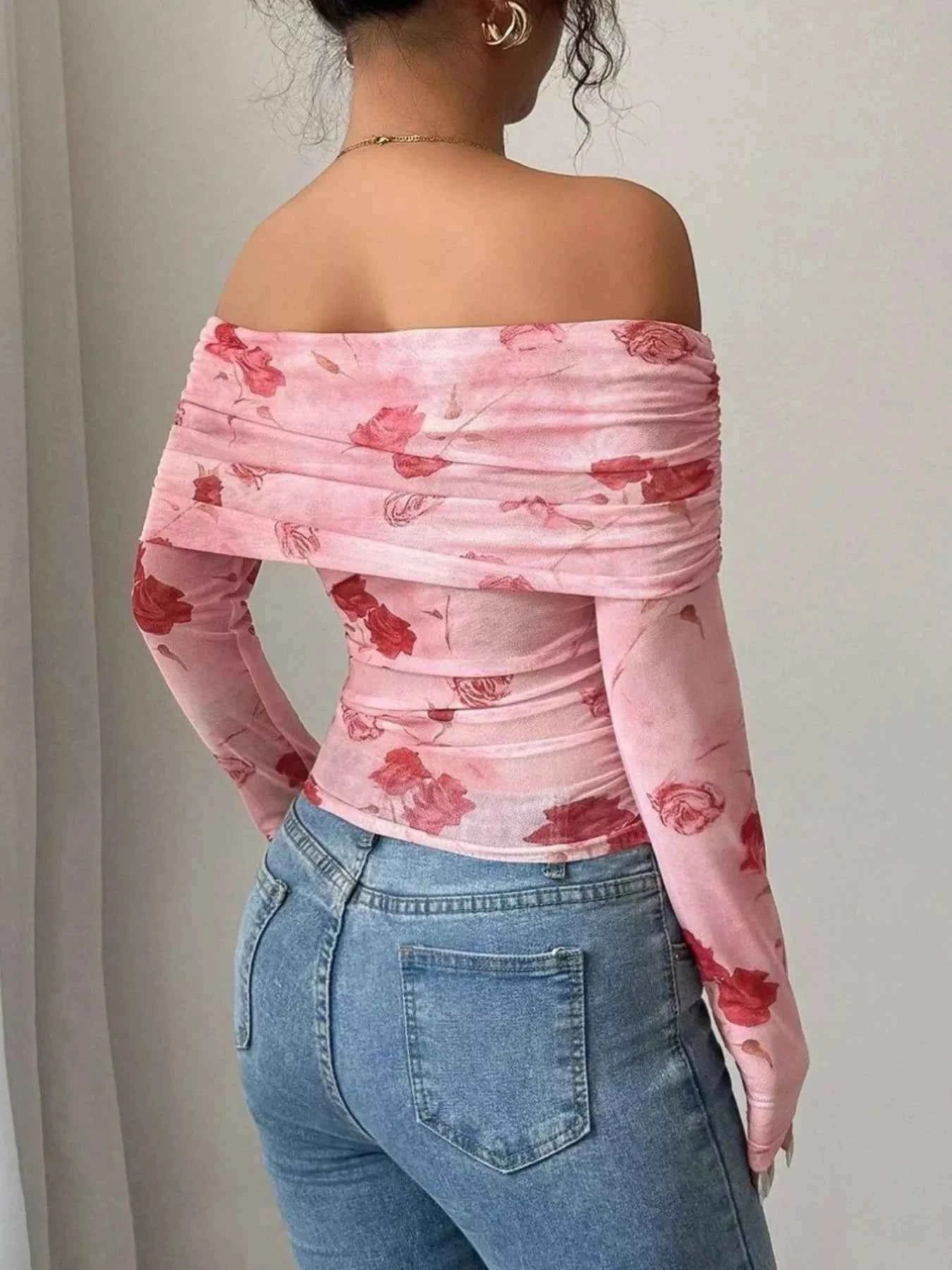 Floral Print Off-Shoulder Mesh Top