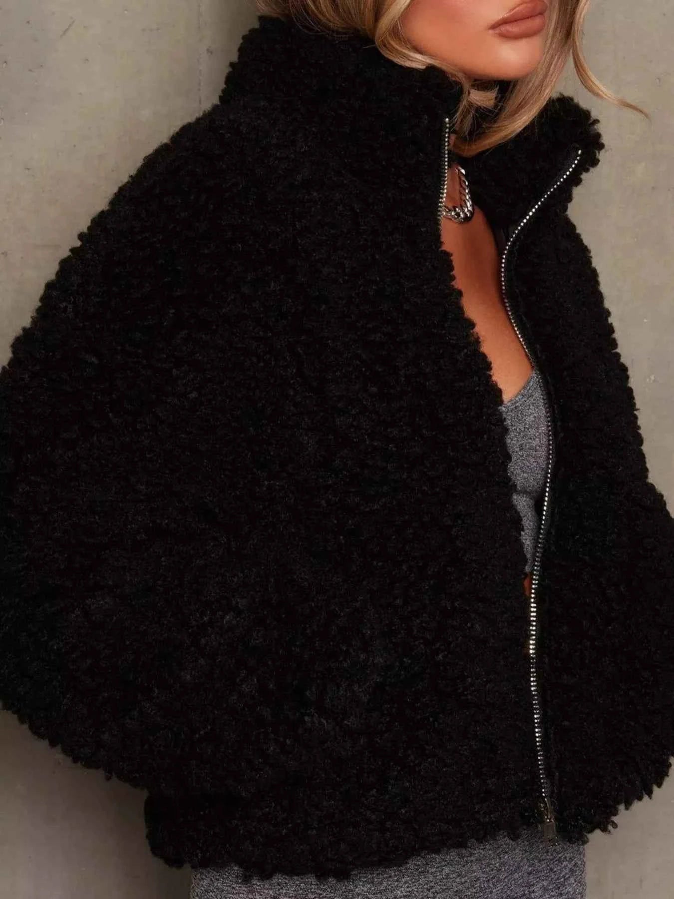 Cozy Cropped Sherpa Jacket with Zip Up Closure