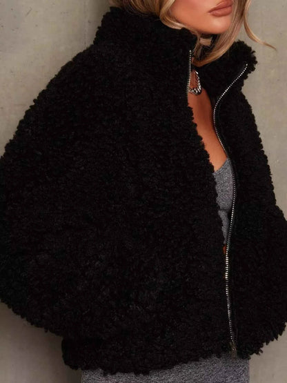Cozy Cropped Sherpa Jacket with Zip Up Closure