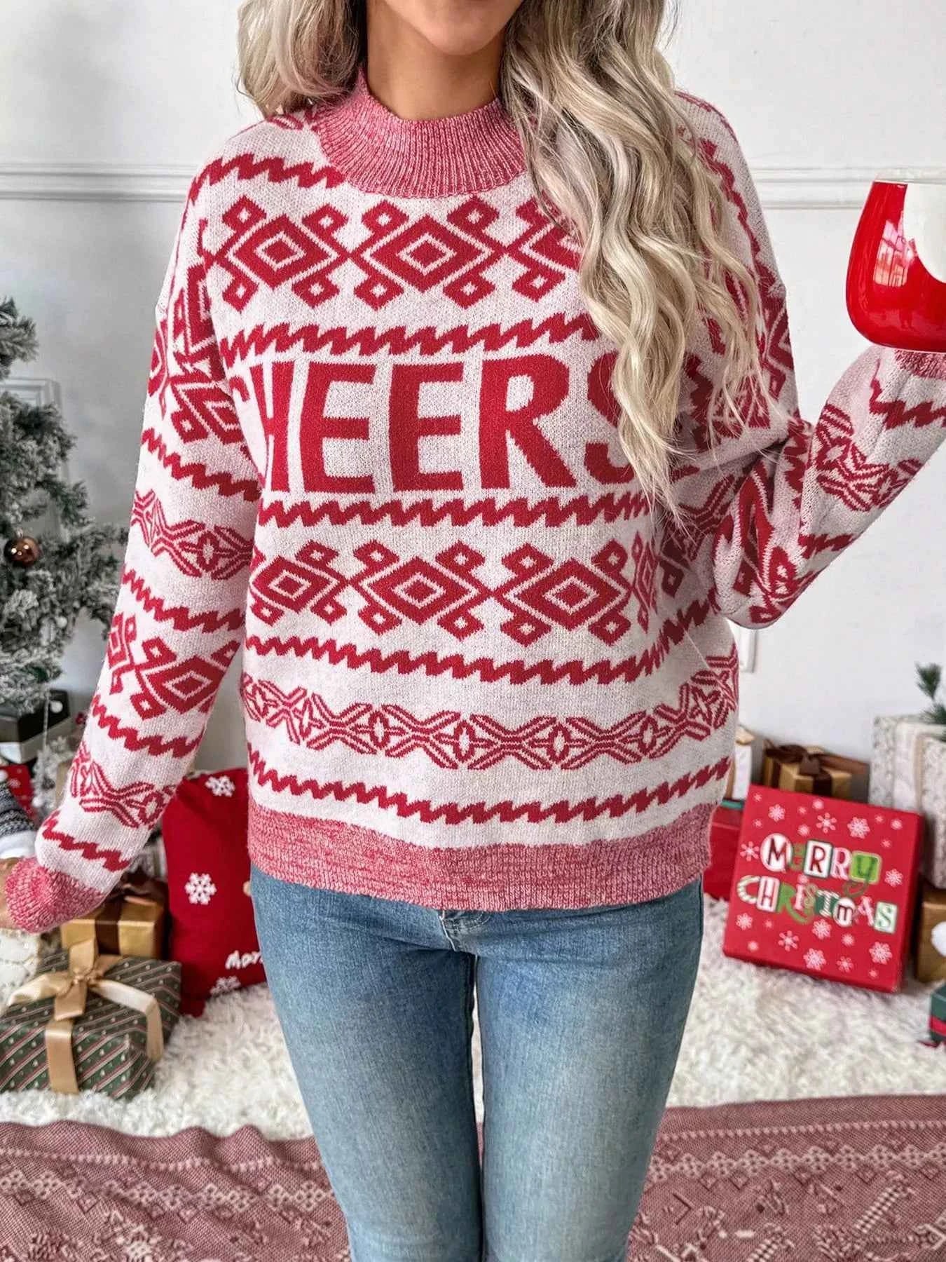 Cheers Christmas Long Sleeve Sweater - Festive Round Neck Design