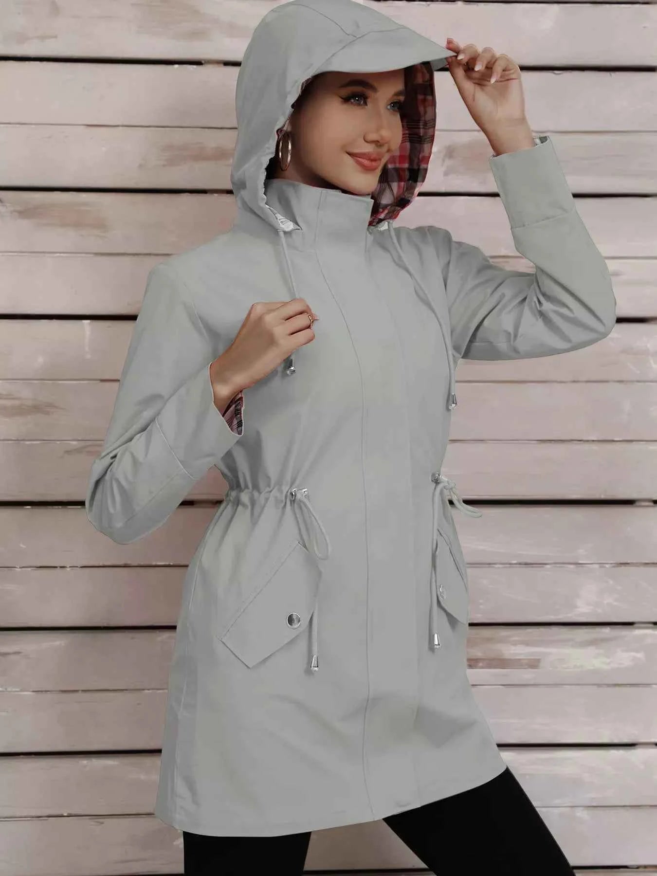 Drawstring Snap-Down Trench Coat
