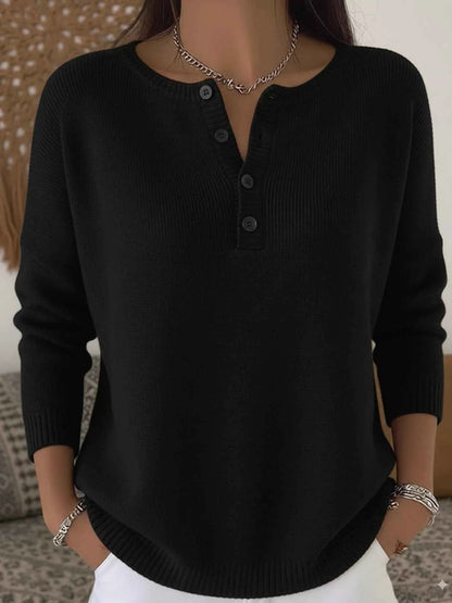 Full Size Plus Size Button Knit Top - Long Sleeve Half Button Style