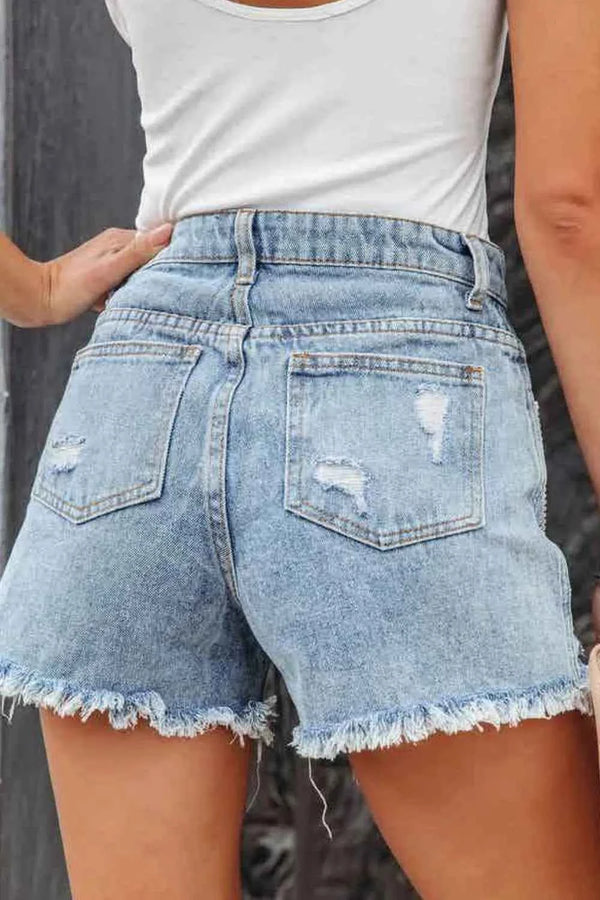 Rhinestone Fringe Denim Shorts - Distressed Style for Effortless Fashion