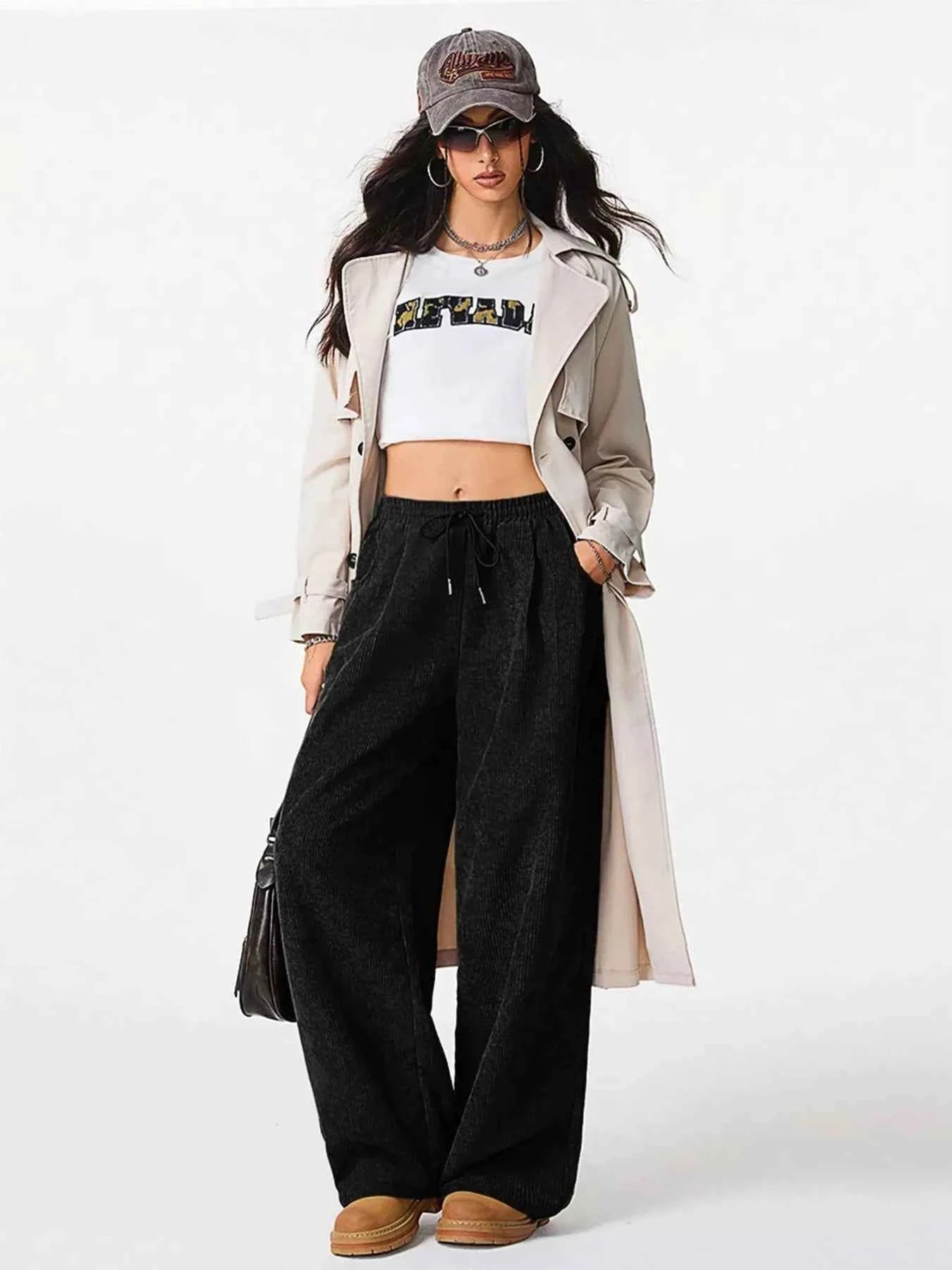 Relaxed Fit Corduroy Pants with Drawstring
