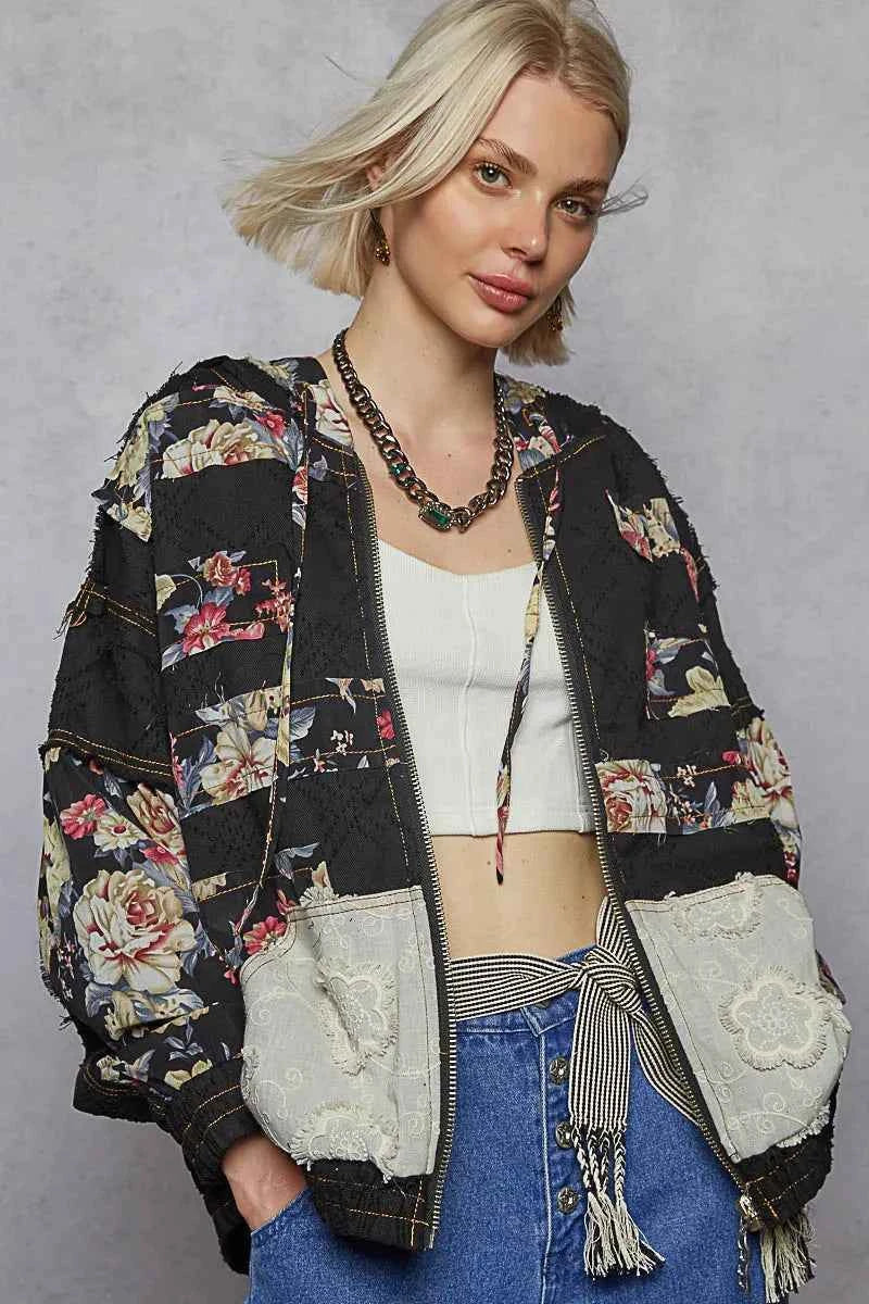 POL Zip Up Floral and Lace Patch Washed Jacket