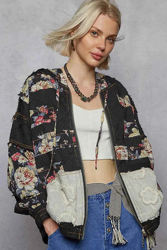 POL Zip Up Floral and Lace Patch Washed Jacket