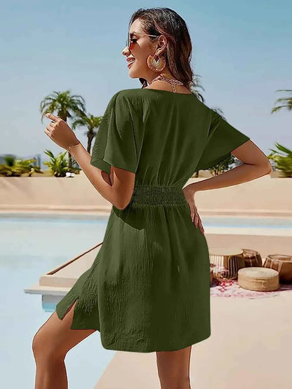 Smocked V-Neck Dress for Effortless Style with Short Sleeves