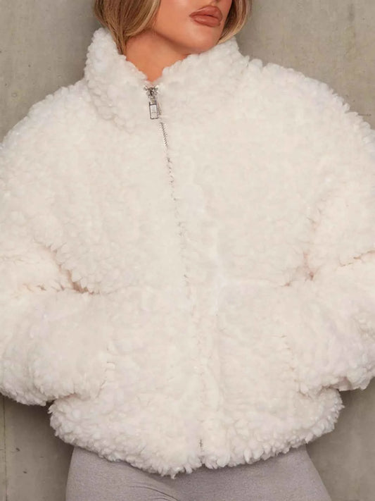 Cozy Cropped Sherpa Jacket with Zip Up Closure