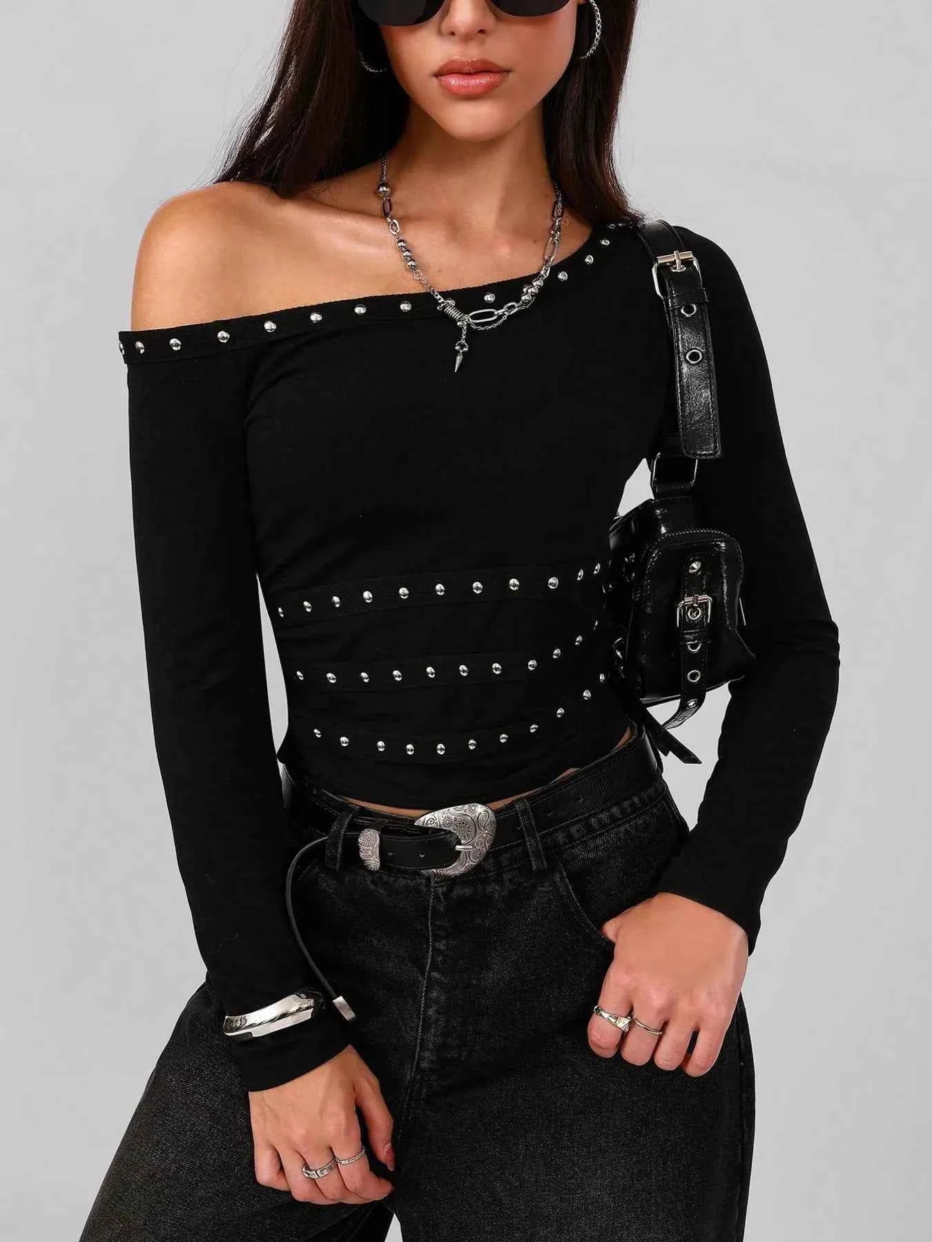 Studded One Shoulder Long Sleeve T-Shirt