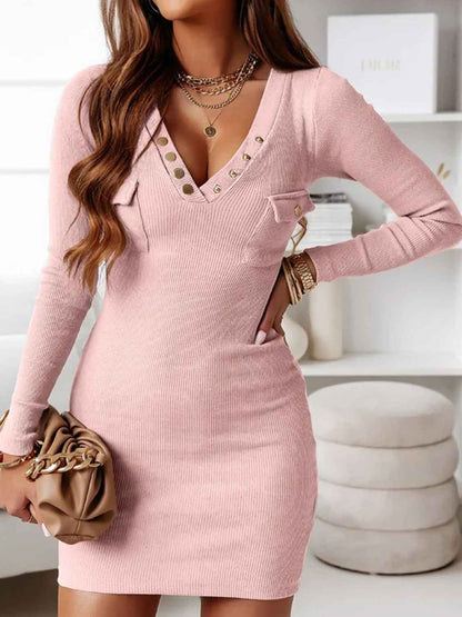 V-Neck Ribbed Dress with Long Sleeves for Effortless Style