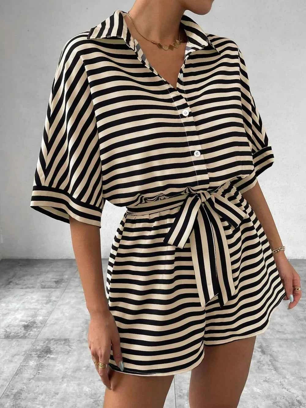 Tie Waist Half Button Striped Romper