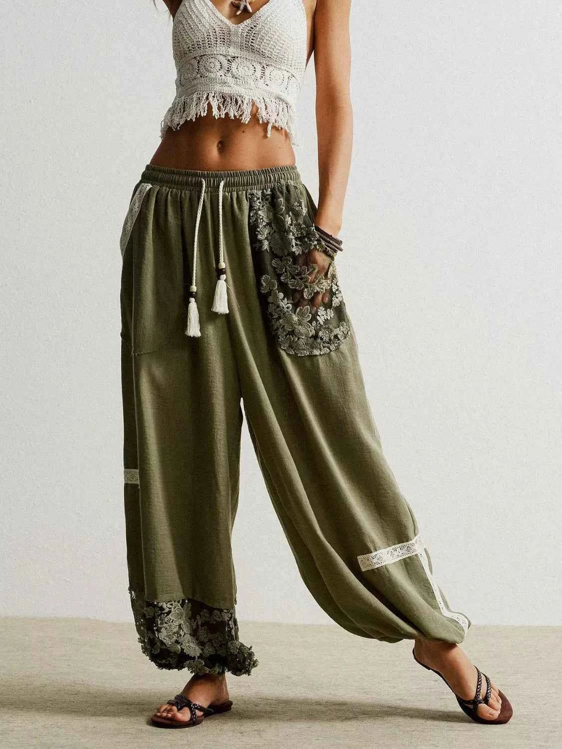 Lace Detail Drawstring Harem Pants