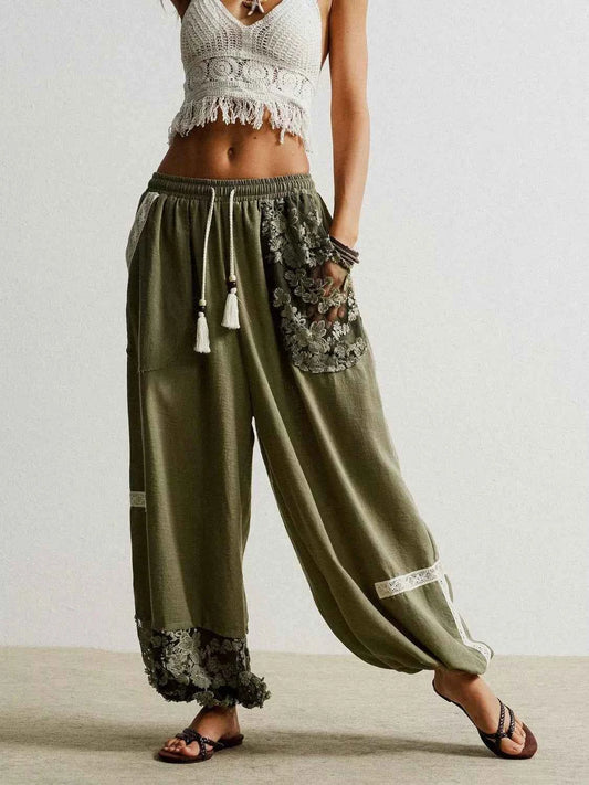 Lace Detail Drawstring Harem Pants