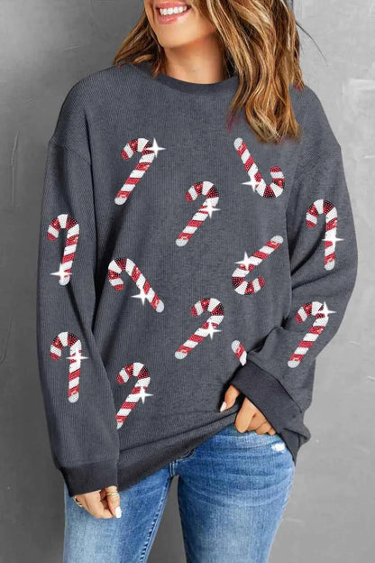 Sequin Candy Cane Sweatshirt for Festive Comfort and Style
