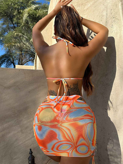 Multicolored Three-Piece Swim Set for Women - Drawstring Ruched Design