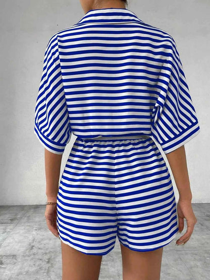 Tie Waist Half Button Striped Romper