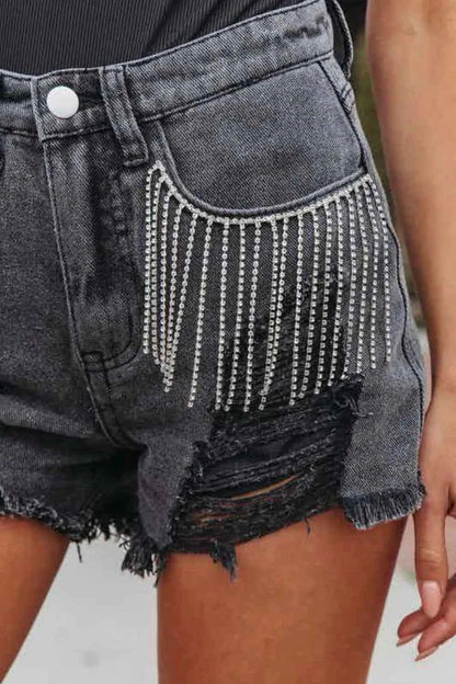 Rhinestone Fringe Denim Shorts - Distressed Style for Effortless Fashion