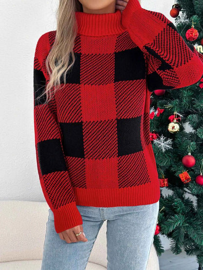 Christmas Plaid Turtleneck Sweater for Festive Comfort and Style