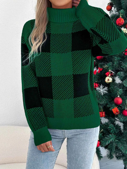 Christmas Plaid Turtleneck Sweater for Festive Comfort and Style