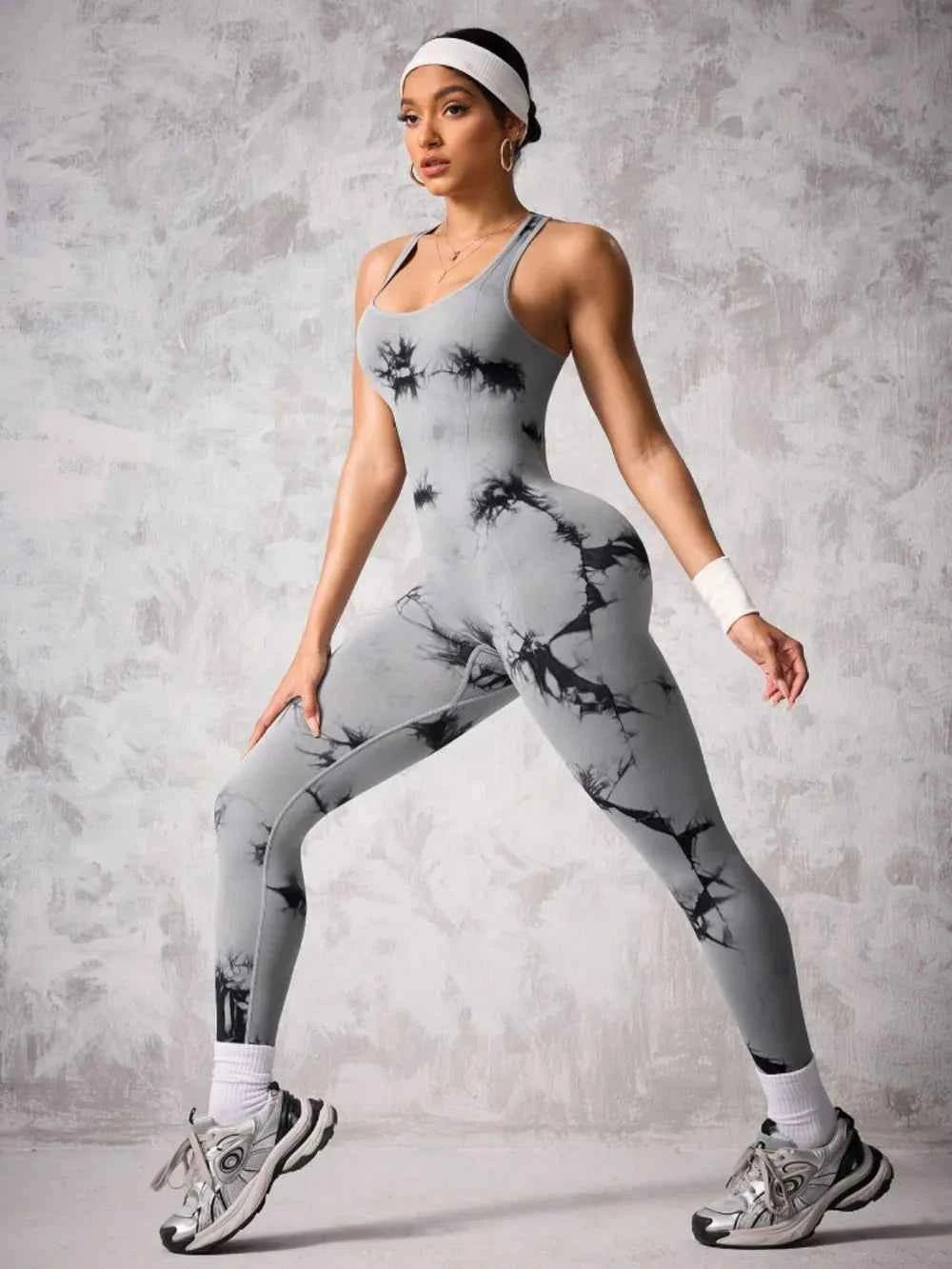 Back Crisscross Tie-Dye Scoop Neck Active Jumpsuit