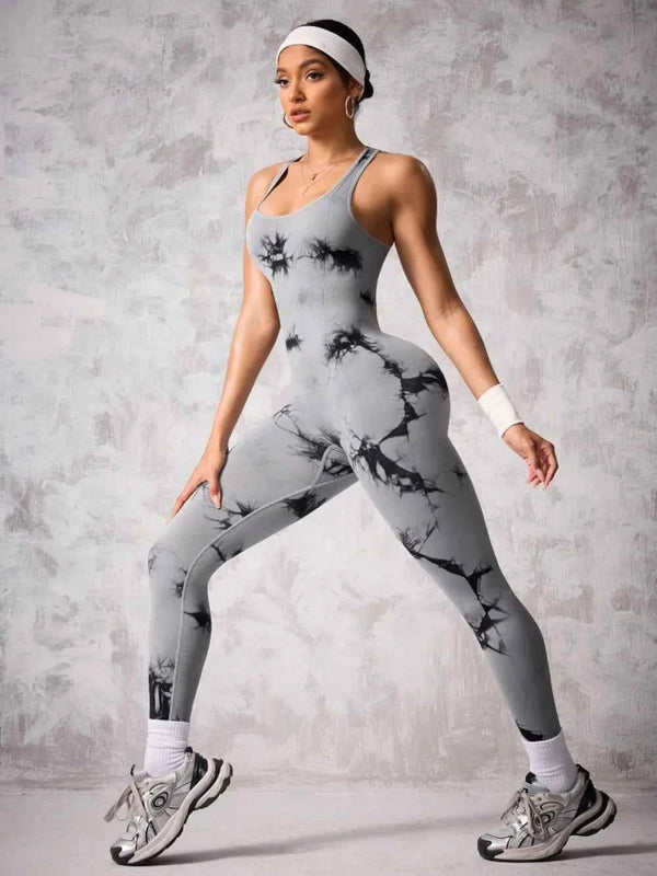 Back Crisscross Tie-Dye Scoop Neck Active Jumpsuit