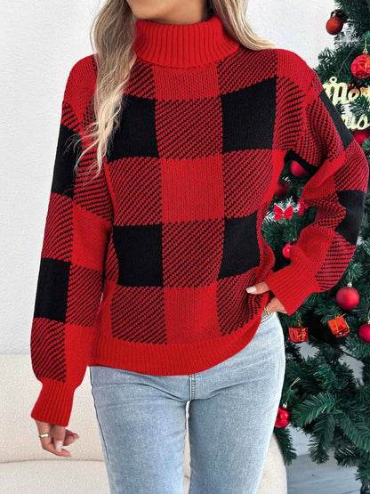 Christmas Plaid Turtleneck Sweater for Festive Comfort and Style