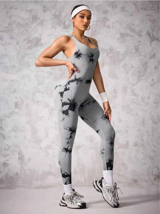 Back Crisscross Tie-Dye Scoop Neck Active Jumpsuit