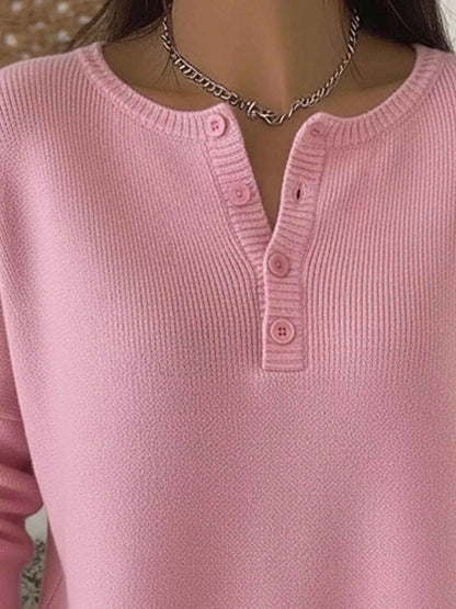 Full Size Plus Size Button Knit Top - Long Sleeve Half Button Style