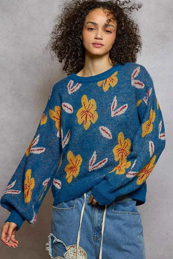 POL Floral Balloon Sleeve Sweater with Round Neck Design