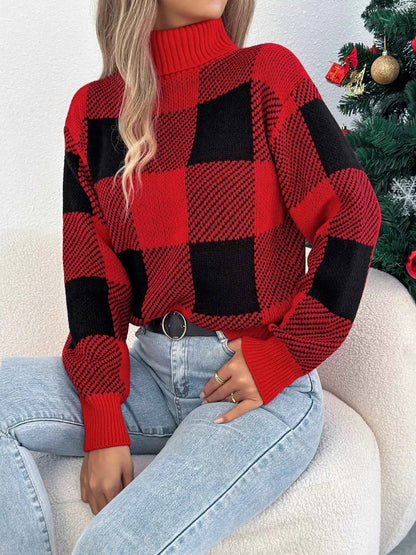 Christmas Plaid Turtleneck Sweater for Festive Comfort and Style