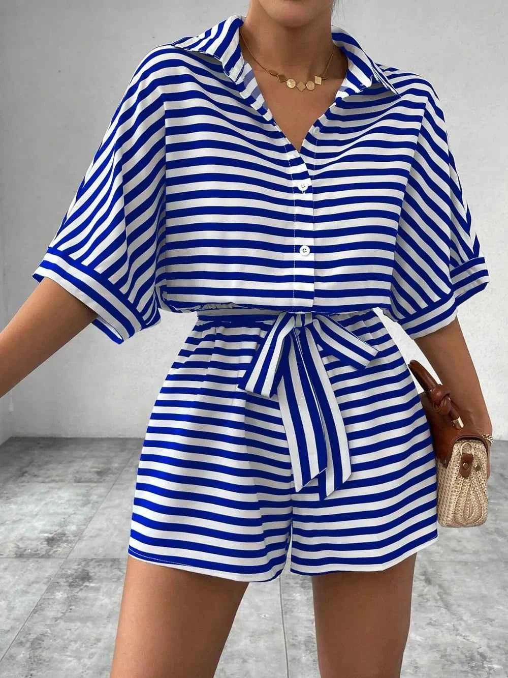 Tie Waist Half Button Striped Romper