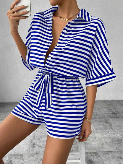 Tie Waist Half Button Striped Romper