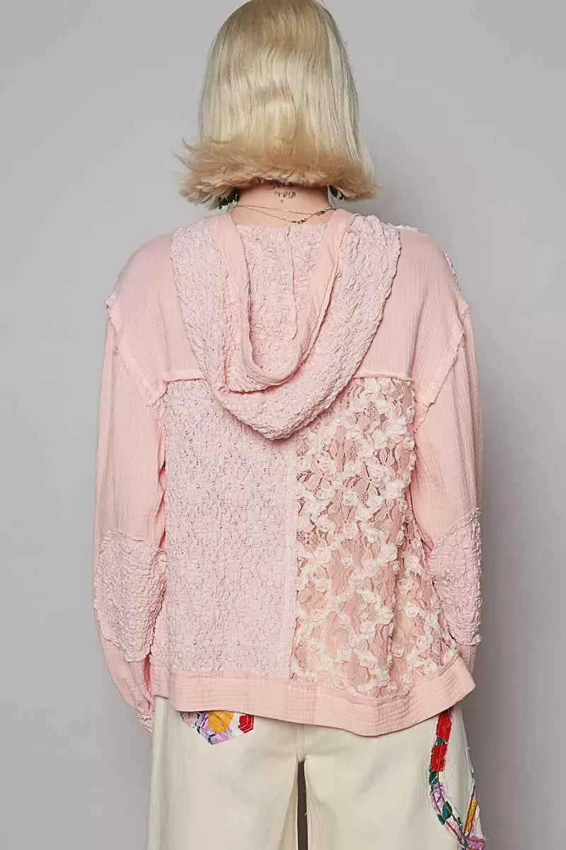 POL Exposed Seam Button Down Hooded Jacket with Lace Detail
