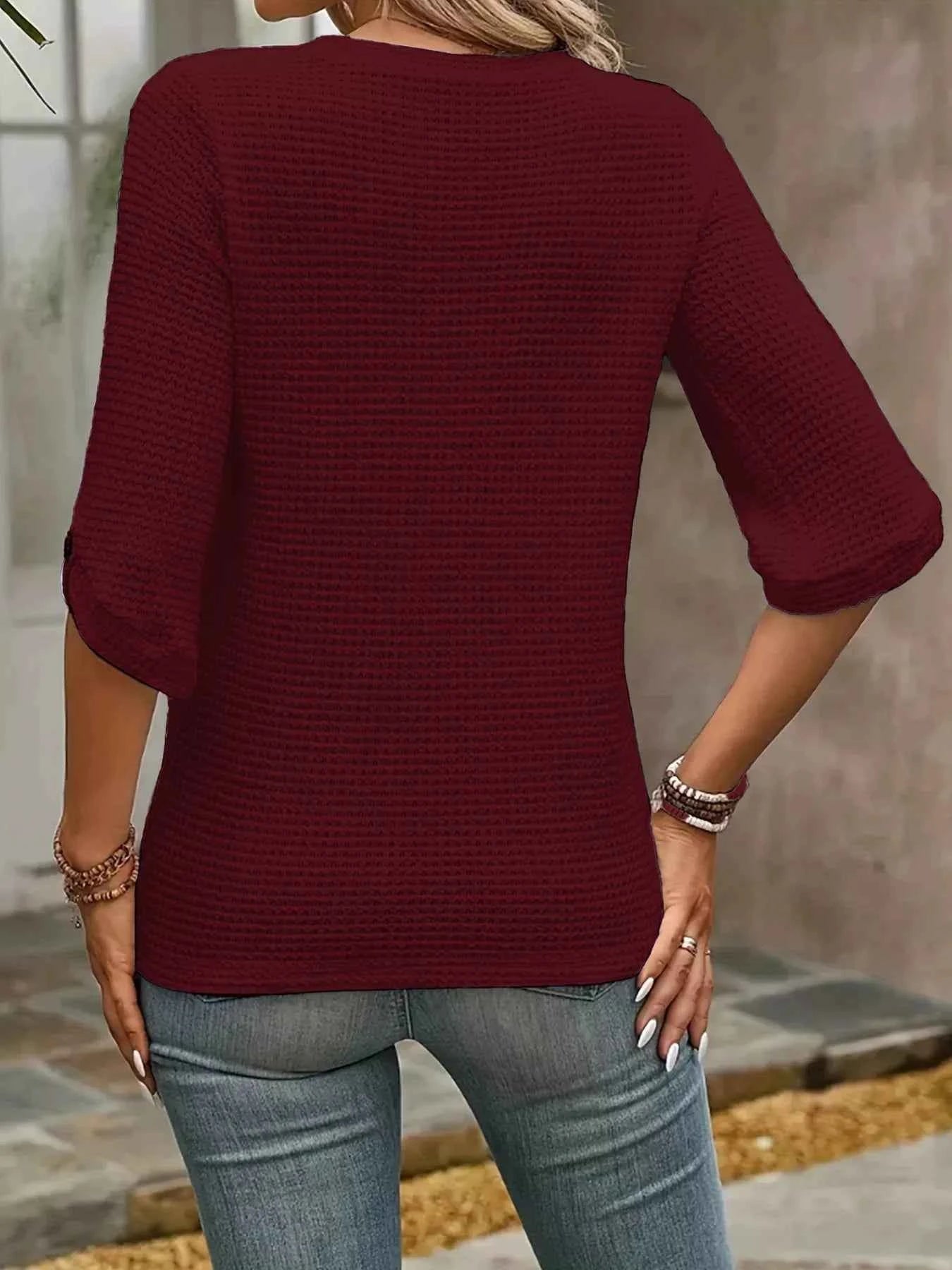 Textured Waffle Knit Three-Quarter Sleeve T-Shirt