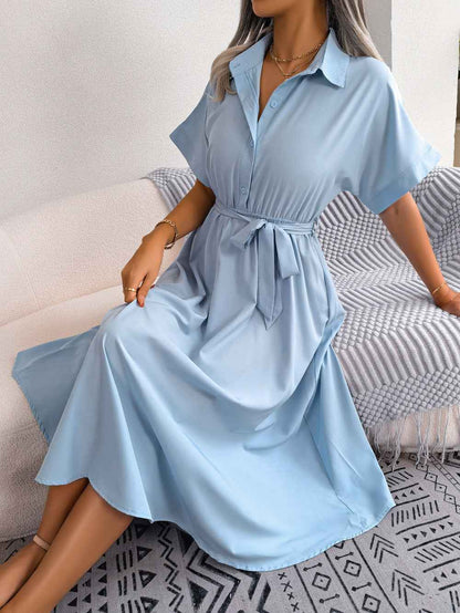 Short Sleeve Collared Dress with Tie Belt for Effortless Style