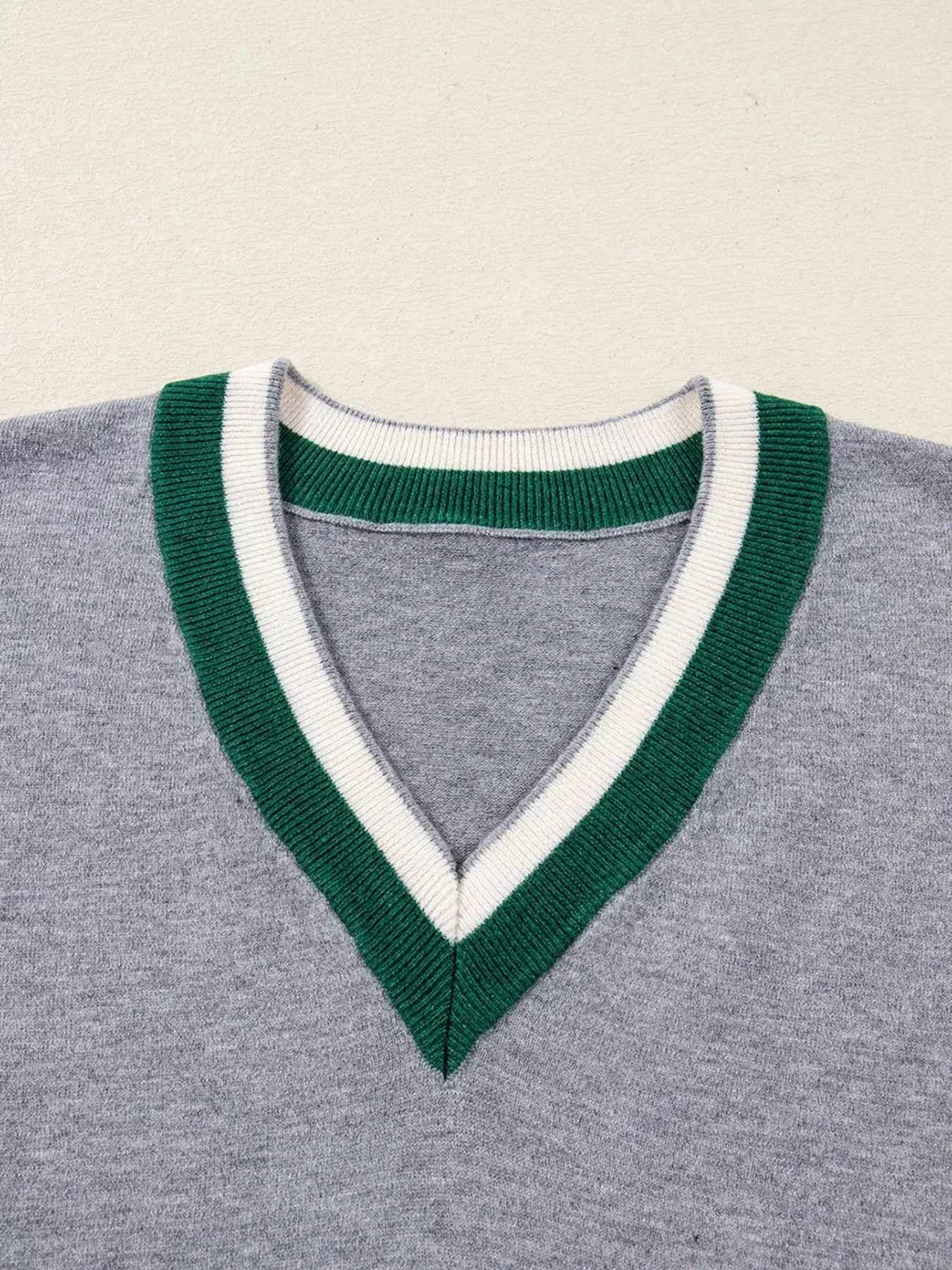 Contrast Striped Varsity Sweater with V Neck Design