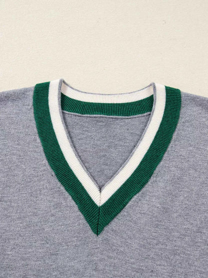 Contrast Striped Varsity Sweater with V Neck Design