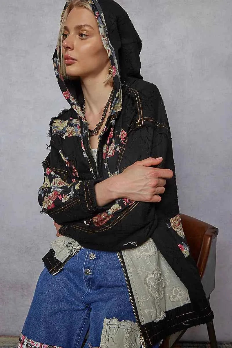 POL Zip Up Floral and Lace Patch Washed Jacket
