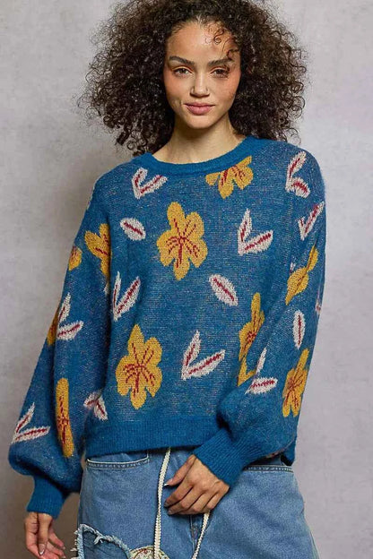 POL Floral Balloon Sleeve Sweater with Round Neck Design