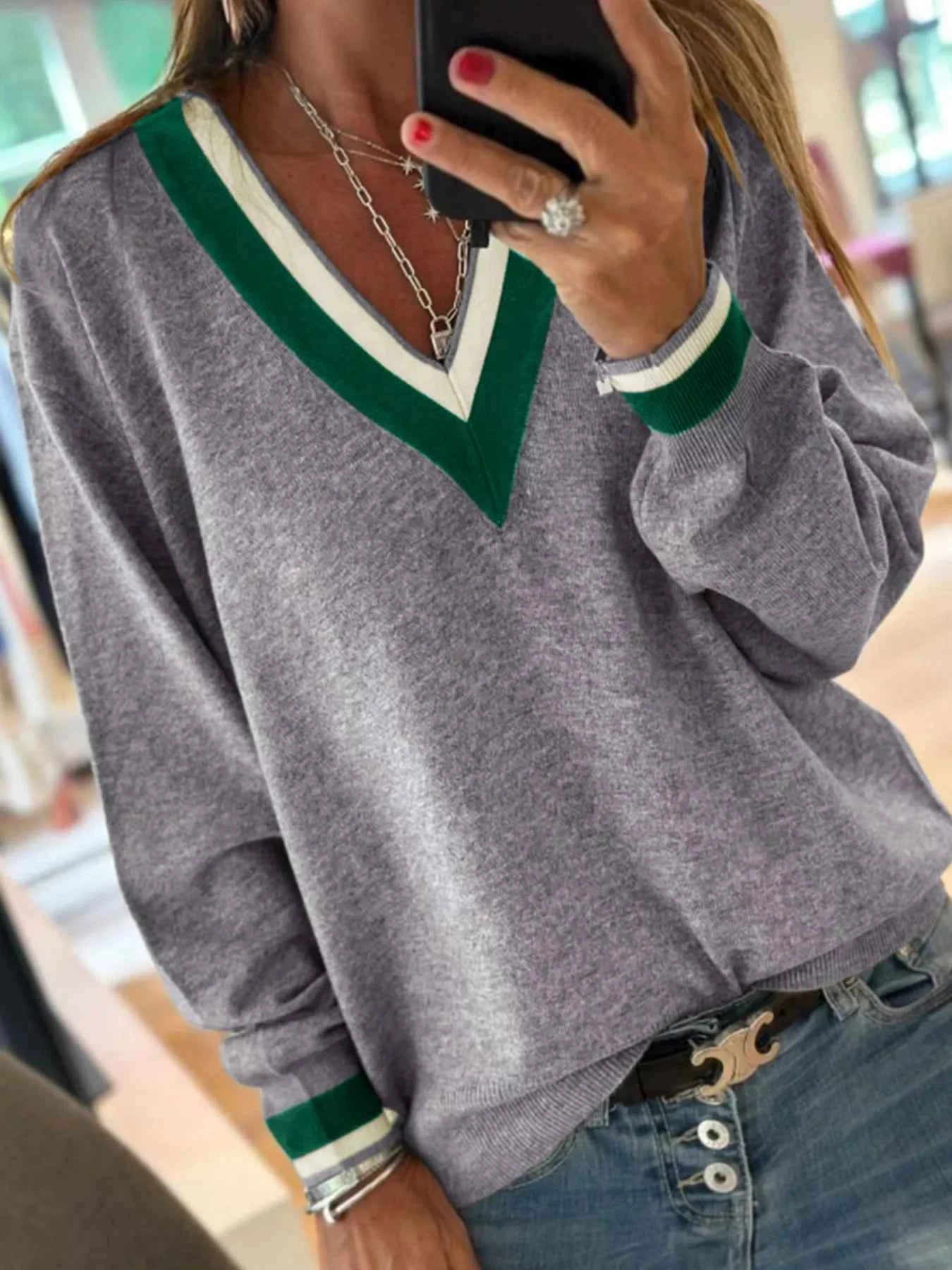 Contrast Striped Varsity Sweater with V Neck Design