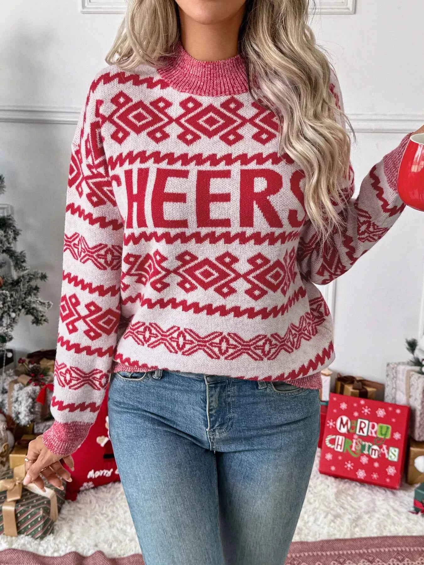 Cheers Christmas Long Sleeve Sweater - Festive Round Neck Design