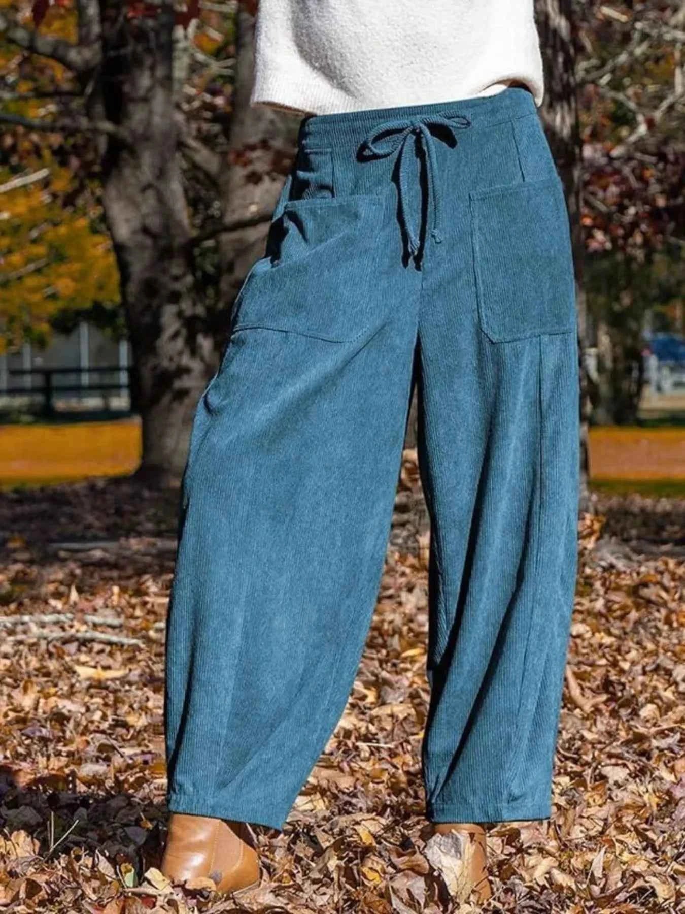 Casual Corduroy Wide Leg Pants with Pockets